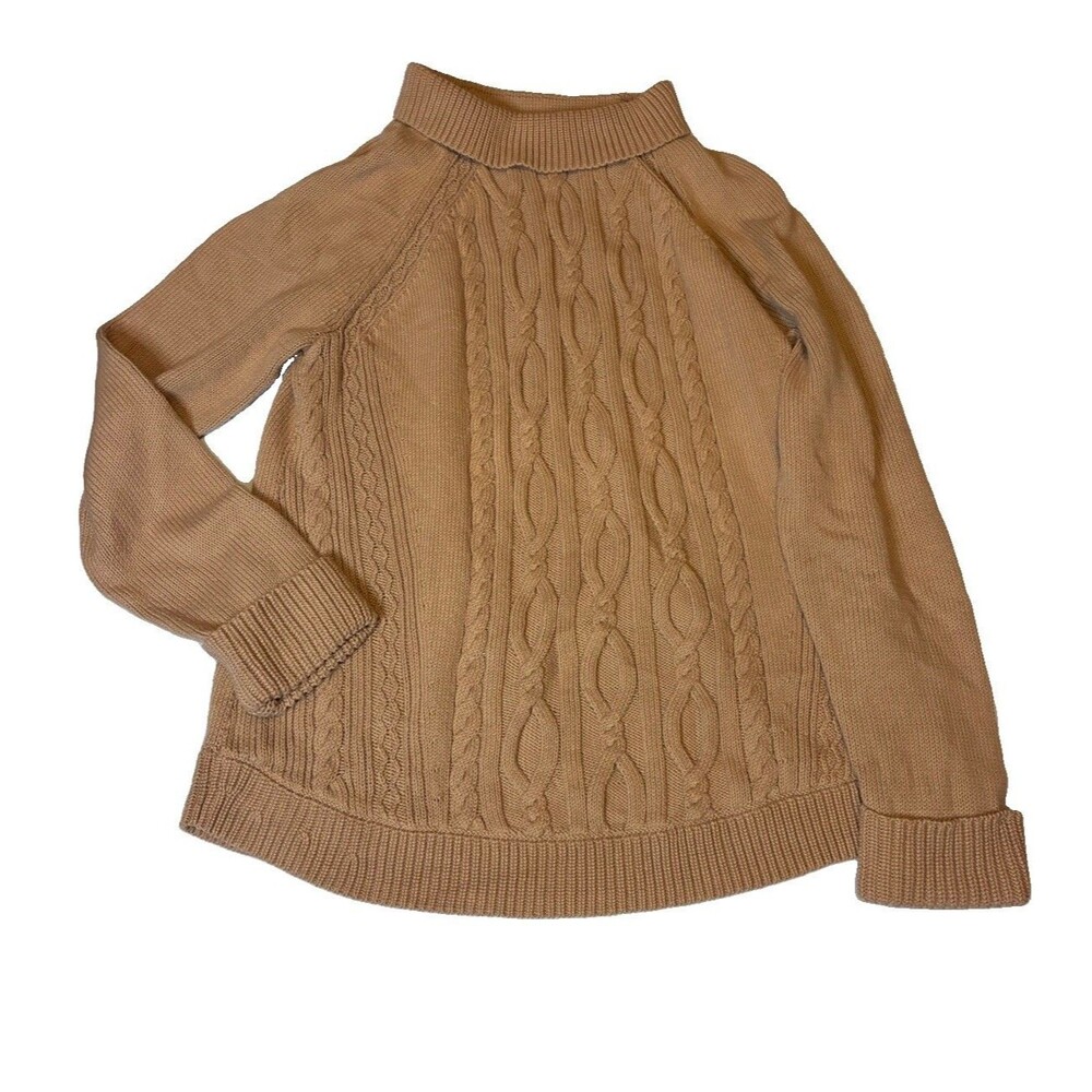 Talbots Sweater Sz L Beige Cable Knit Mock Neck rolled 100% Cotton